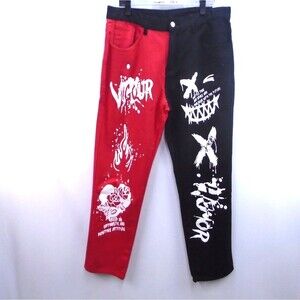 Mens Split Leg Color Block Graphic Jeans Black Red Punk Streetwear Pants Sz 36